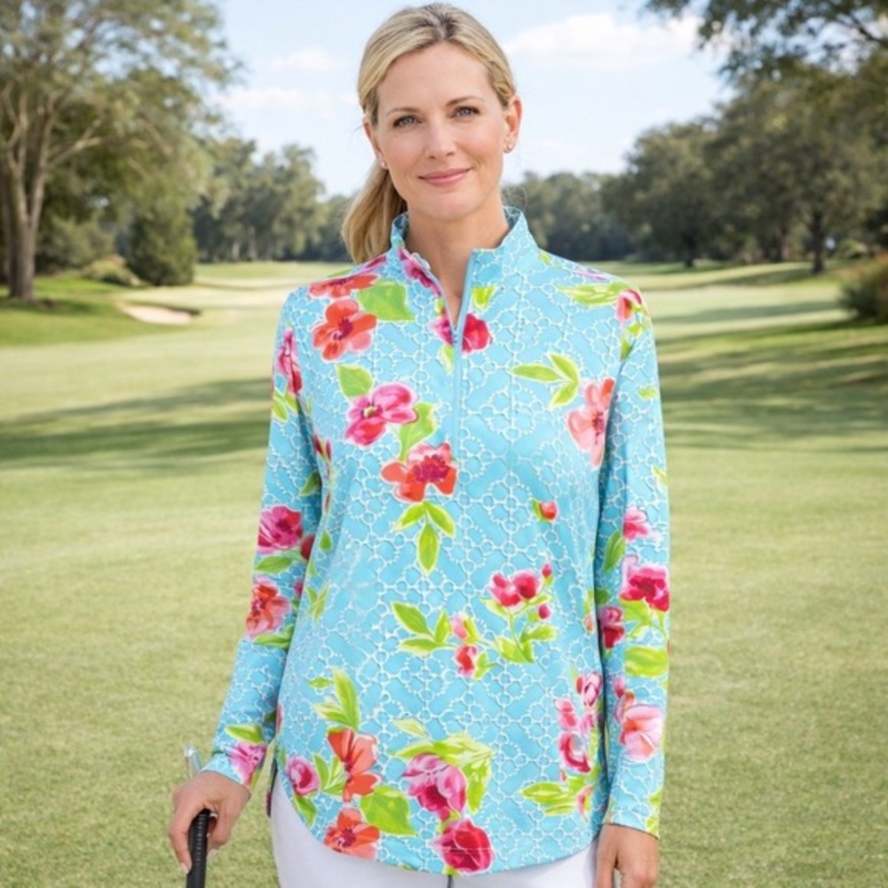 IBKÜL Golf Shirt Women XL Blue Floral Nylon Golfcore Quarter Zip UPF 50 Pullover